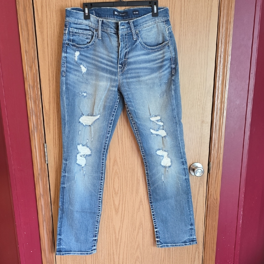 BKE Blue Straight Leg Jeans with Distressed Details Jake